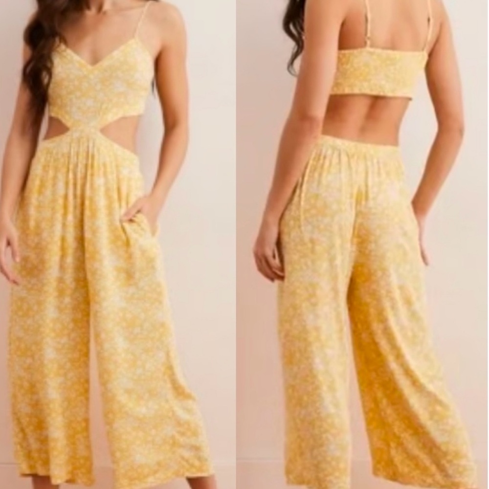 Aerie: Smocked Cutout Wide Leg Cropped Jumpsuit
